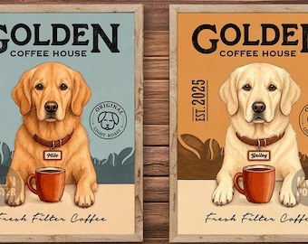 Personalized Golden Retriever Art Print, Vintage Coffee Poster for Dog Lovers