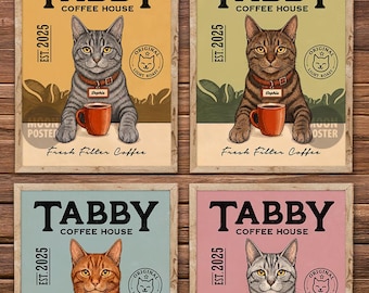 Personalized Tabby Cat Art Print, Vintage Coffee House Poster
