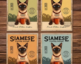 Impression d'art personnalisée chat siamois, affiche de café vintage