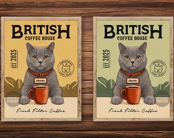 Impression d'art personnalisée chat British Shorthair, affiche de café vintage