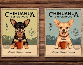 Impression d'art personnalisée Chihuahua Coffee House, affiche personnalisée du nom du chien