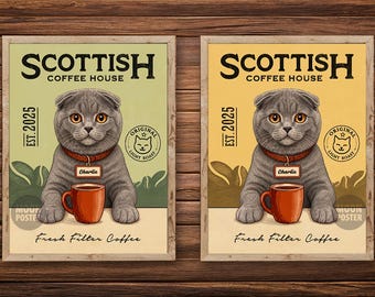 Impression d'art personnalisée chat Scottish Fold, affiche de café vintage