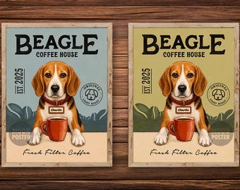 Personalized Beagle Coffee Art Print, Vintage Coffee Poster for Dog Lovers