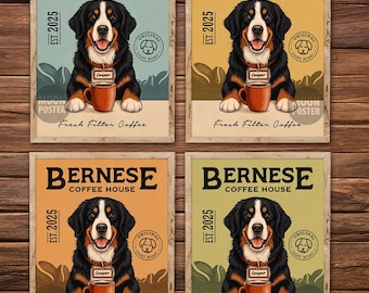 Impression d'art personnalisée bouvier bernois, affiche de café vintage pour les amateurs de chiens