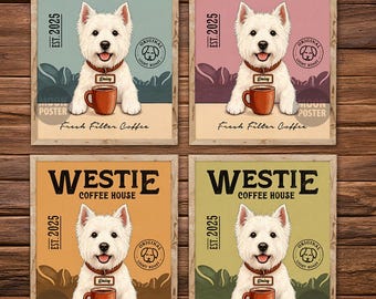 Impression d'art personnalisée West Highland White Terrier, affiche vintage de café Westie pour les amateurs de chiens