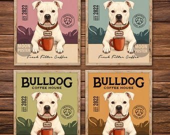 Impression d'art personnalisée blanche bouledogue américain Coffee House, poster personnalisé nom de chien