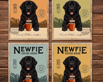 Impression d'art personnalisée de chien de Terre-Neuve, affiche de café vintage, cadeau Newfie