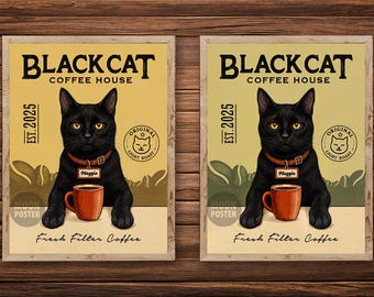 Impression d'art personnalisée chat noir, affiche de café vintage