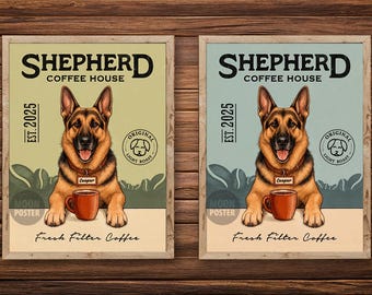 Poster personnalisé de café de berger allemand, impression d'art de chien vintage