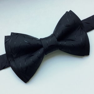 Black satin bow tie, patterned, silky formalwear wedding suit tie, groom, groomsmen, pretied easy wear with clasp pocket square optional image 1