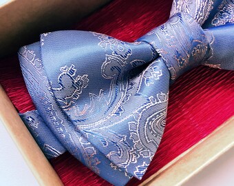 Baby blue bow tie with rose pink paisley patterns, groom, groomsmen, men's pretied easy adjustable bowties + pocket square optional
