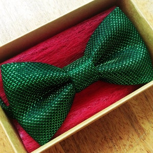May include: A green bow tie with a sparkly texture, displayed in a box with red lining.
