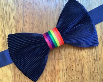 Pride bow tie, navy blue with rainbow flag, lgbtq+ tie for pride, dark blue soft corduroy texture rainbow bow tie, pretied, adjustable size