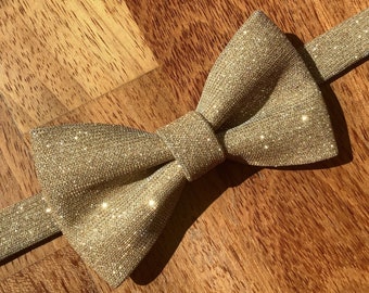 Gold glitter bow tie for men, yellow bright sparkle, pocket square also available