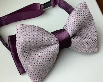 Lilac and purple glitter bow tie, eggplant silver glitter, polkadot