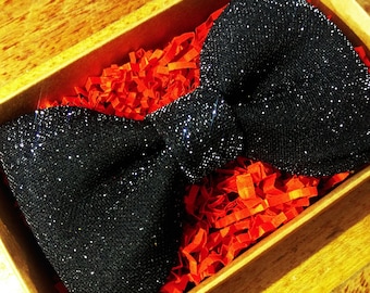 Black Glitter Bowtie: Handmade Polyester Silver Sparkle Tie