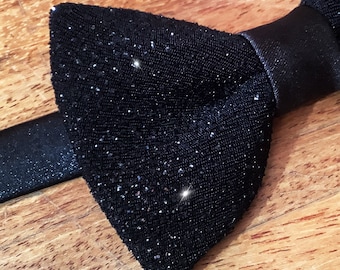 Black glitter bow tie for men, with tiny shimmering gemstones, adjustable neck size, pretied