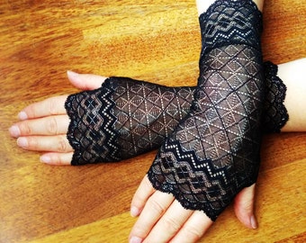 Black lace long fingerless gloves, silver zigzag pattern