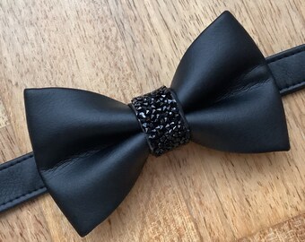 Black leather bow tie, faux leather, glitter gemstone middle, pretied, pleather, for bikers, motorcycle fans