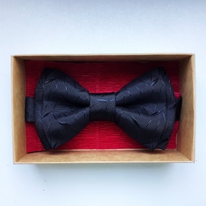 Black satin bow tie, patterned, silky formalwear wedding suit tie, groom, groomsmen, pretied easy wear with clasp pocket square optional image 5