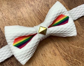 Pride bow tie, white with gold color stud and pride flag, lgbtq tie for pride, rainbow bow tie, pretied, adjustable size