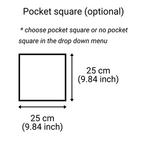 May include: A white square pocket square with a black border. The square is 9.84 inches by 9.84 inches.