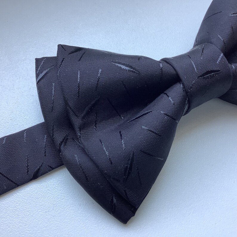 Black satin bow tie, patterned, silky formalwear wedding suit tie, groom, groomsmen, pretied easy wear with clasp pocket square optional image 6