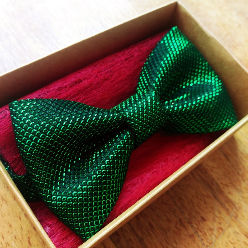 May include: A green bow tie with a sparkly, textured finish. The bow tie is in a box with a red lining.