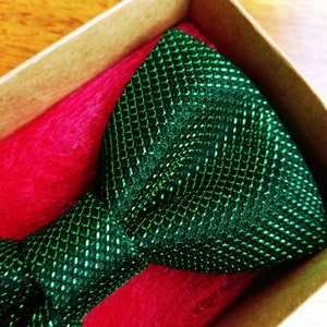 May include: A green bow tie with a sparkly, textured pattern. The bow tie is in a box with a red lining.