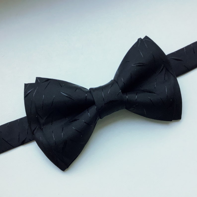 Black satin bow tie, patterned, silky formalwear wedding suit tie, groom, groomsmen, pretied easy wear with clasp pocket square optional image 1