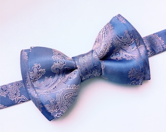 Blue bow tie paisley, sky baby blue color, light blue, groom groomsmen, mens pretied easy adjustable bow ties + pocket square optional