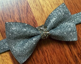 Silver glitter rhinestone bow tie, flashy faux gemstone statement tie