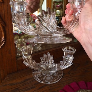 Vintage 1940s Fostoria Crystal Candlestick Set Candle Holder Pair Navarre Etched Pattern No 327 Baroque Blank 2496 Double Candleholder Dish