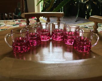 Vintage Set of Six Shot Glasses Made by Federal Glass in Cranberry Flash Color Shaped Like Miniature Beer Mugs for Girls Night Out Party