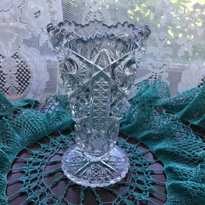 Vintage Collectible EAPG Imperial Glass Crystal Flower Vase Signed IG Pattern 536 Lace Variant Octagon Hobstar Pedestal Clear Sawtooth Rim