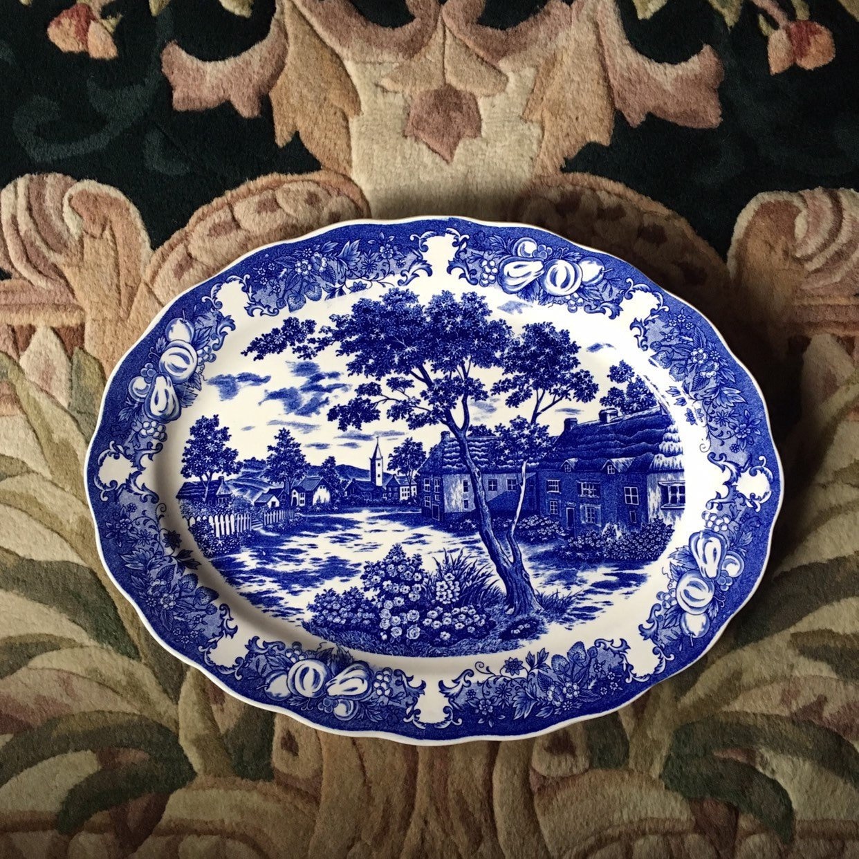まっちゃんページ　 プレート2点 VINTAGE MZ China Turkey PLATTER Old Blue & White Transferware