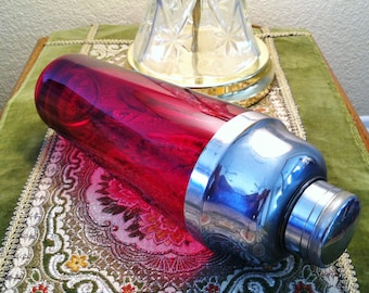 Art Deco Cocktail Shaker, Antique Ruby Red Glass Cocktail Shaker, Vintage 1930s Cocktail Shaker, Old Martini Shaker, Vintage Cocktail Shaker