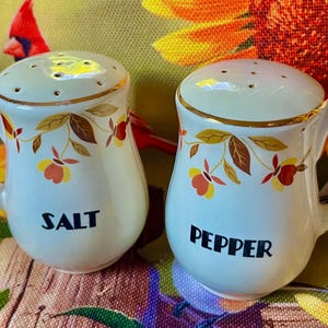 May include: A pair of white ceramic salt and pepper shakers with handles, each featuring a gold-trimmed rim and a colorful floral pattern of yellow, orange, and brown leaves. The word SALT is printed in black on one, and PEPPER on the other.
