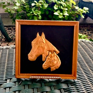 Vintage 3D Embossed COPPER Relief Repousse Art HORSE HEAD Profile Picture Plaque Mother & Baby Handmade Artwork Old Wooden Frame Hand Made