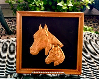 Vintage 3D Embossed COPPER Relief Repousse Art HORSE HEAD Profile Picture Plaque Mother & Baby Handmade Artwork Old Wooden Frame Hand Made