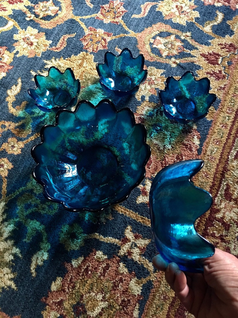 Vintage 1965 / 1966 BLENKO Glass SALAD Bowl SET Peacock Blue Etsy