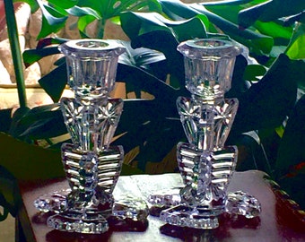 VINTAGE CANDLESTICK Pair of Bagley Glass Art Deco Style Clear Pressed Duchess Pattern 3103 Made in England Candle Holder Set Candleholder