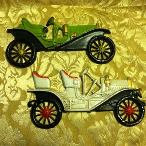 Vintage 1970s Home Bar Decor Metal Automobile Wall Set of Nostalgic Old Classic Cars for Man Cave or Garage Father's Day Gift Idea for Dad