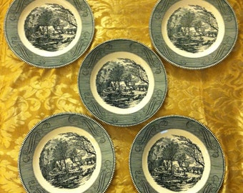 Vintage SET of 5 Currier & Ives Dinner Plates 1950s &quot;The Old Grist Mill&quot; Royal China Collectible Dishes Blue and White Transferware Pattern