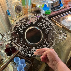 Vintage 1930s FOSTORIA Glass NAVARRE Clear Pattern Handled CAKE Plate Old Etch Crystal 13 1/2 Inch Depression Dish Glows Under Black Light