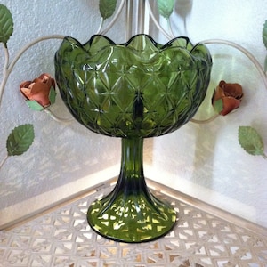 Vintage Indiana Glass Duette Pattern Green Glass Compote Old Green Glass Pedestal Bowl Green Potpourri Dish Unique Centerpiece Bowl Green