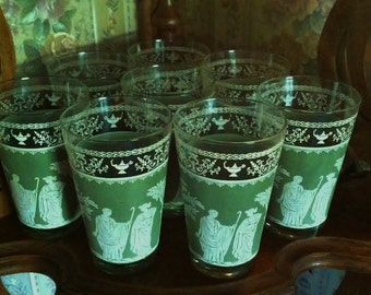 Set of 8 Jeannette Green Hellenic Grecian 8 Oz Tumbler Glasses, Wedgwood Jasper Ware Elegant Serving Green & White Old Collectible Pattern