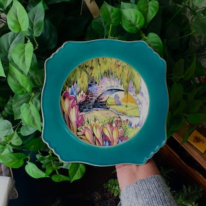 Vintage Royal Winton Grimwades Pattern RW1200 Crocus Flowers & Stone Bridge Old English Scene Luncheon Side Plate Gold Trim Made in England