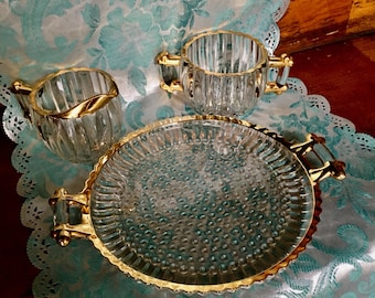 Vintage 1940s Depression Glass Hobnail Gold Trim Sugar Bowl Creamer & Serving Tray Set by Jeannette National Pattern Glassware Antique Dish