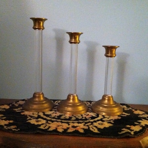 Vintage Candleholder Set of 3 Brass & Lucite Graduated Pillar Candlestick Holder Collectible Hollywood Regency Home Decor Mid Century Modern